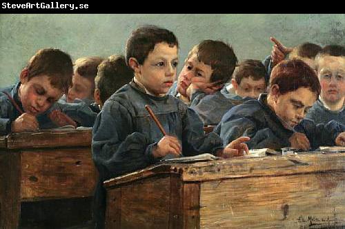 Paul Louis Martin des Amoignes In the classroom. Signed and dated P.L. Martin des Amoignes 1886